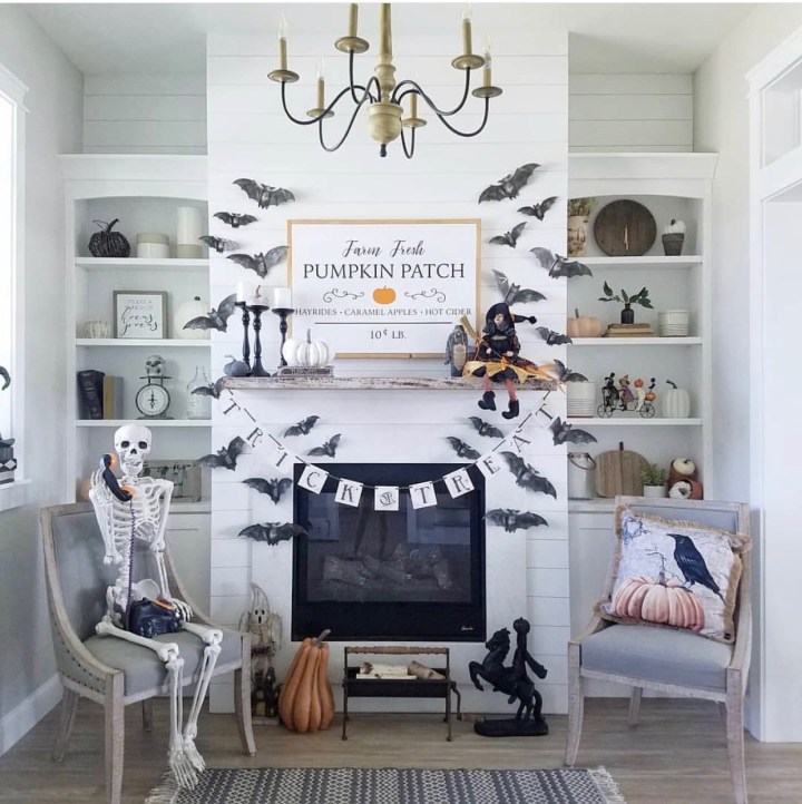 Halloween decor trends flying paper bats Halloween mantle 