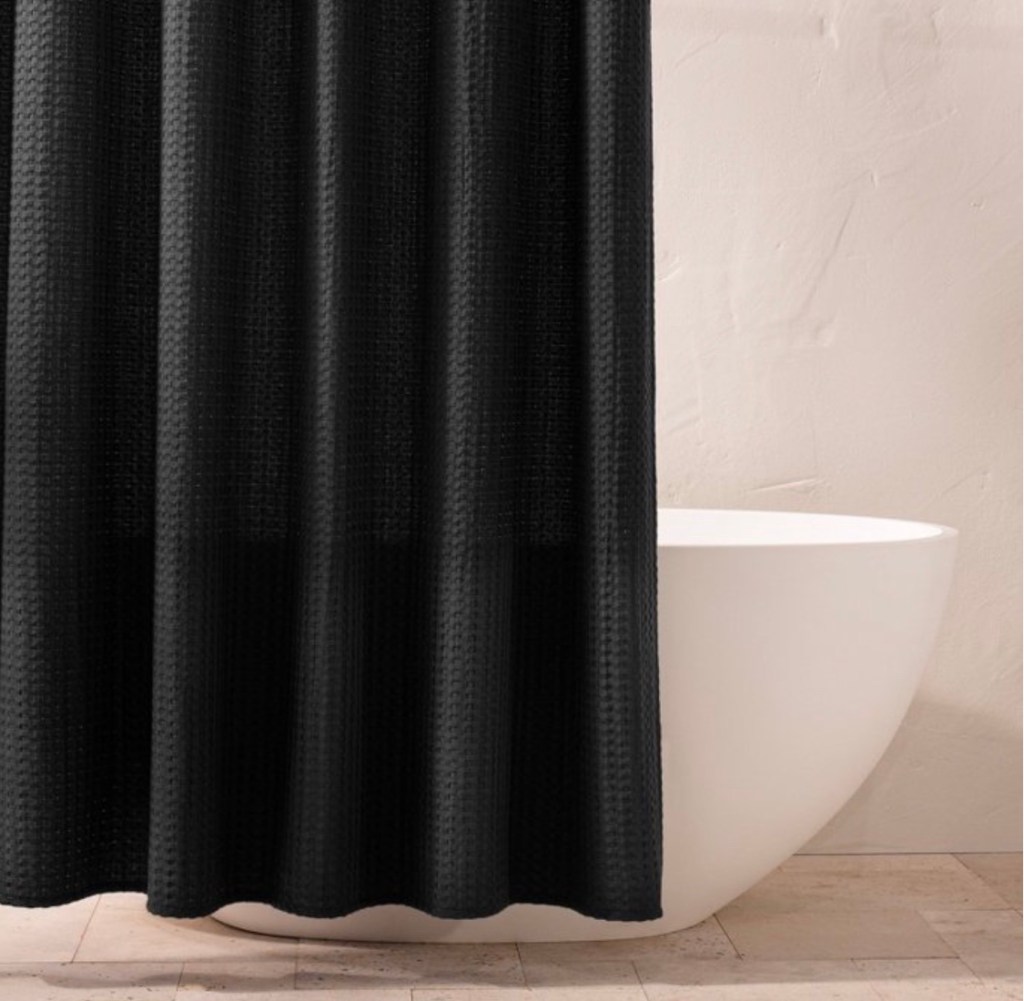 Black shower curtain black waffle weave curtain luxury look moody bathroom decor black bathroom
