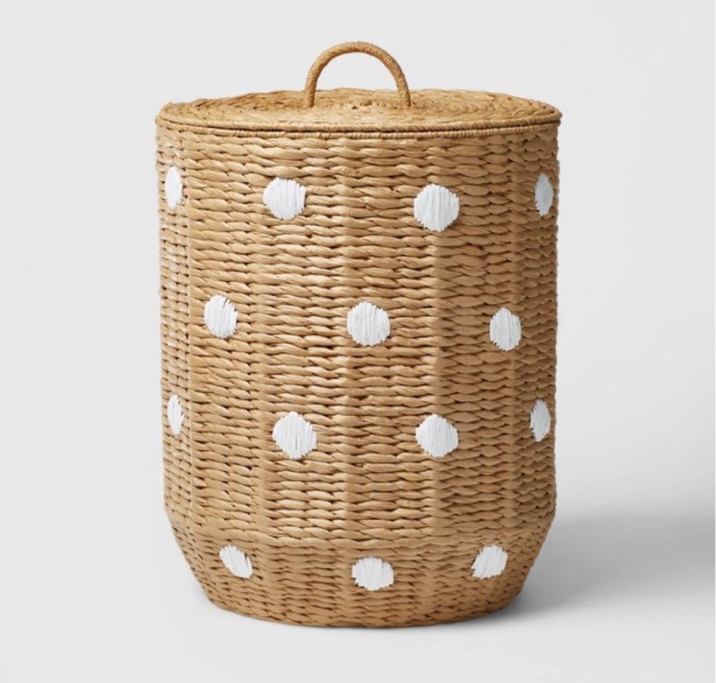 Polka dot hamper woven basket dot basket boho laundry basket